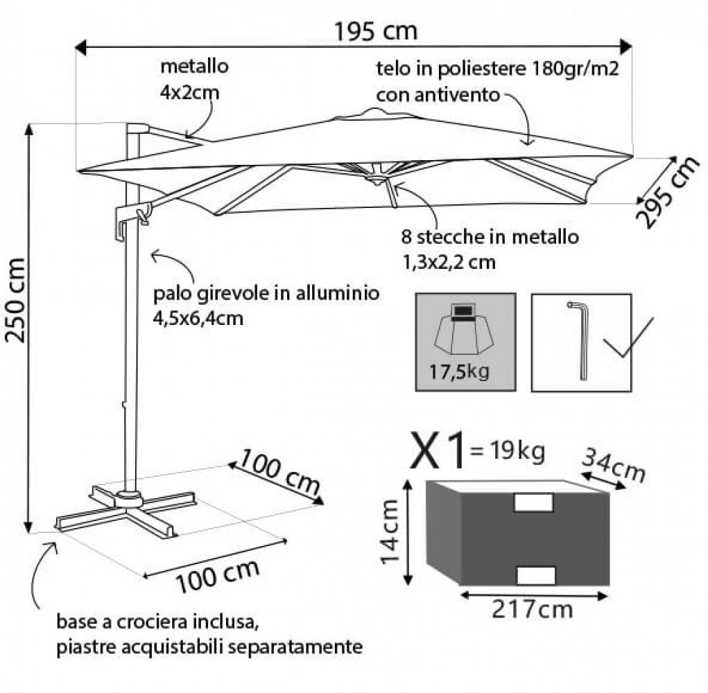 Ombrellone da Giardino Newton Decentrato 2x3 m in Alluminio Nero Telo Grigio
