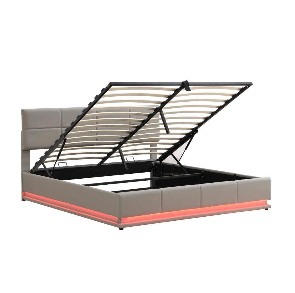 Letto matrimoniale 180x200 cm in pelle PU color cemento; con LED; contenitore e rete a doghe
