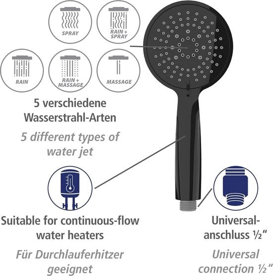 Douchestang in acciaio inossidabile di alta qualità con 5 tipi di getto - Adatto per boiler a circolazione continua - Nero scuro - Testa da doccia di 66 cm con maniglia