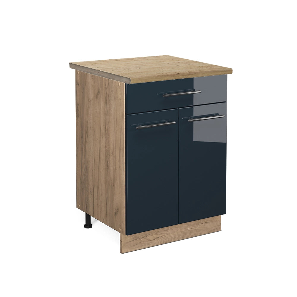 Mobiletto base per cucina Fame-Line Blu scuro lucido/Rovere dorato 60 cm con cassetto, PL Rovere Vicco