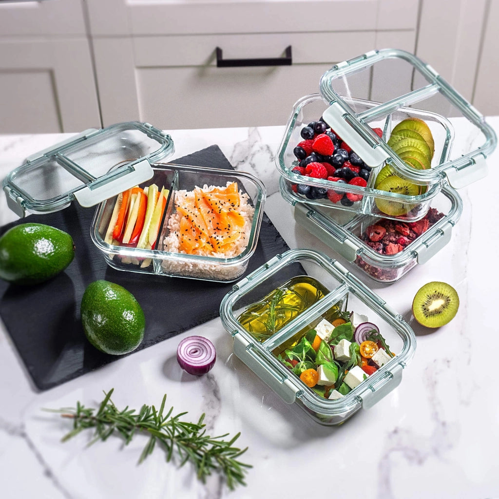 Set di 4 contenitori per alimenti in vetro KADAX da 1 litro con divisori, ideali per il pranzo.
