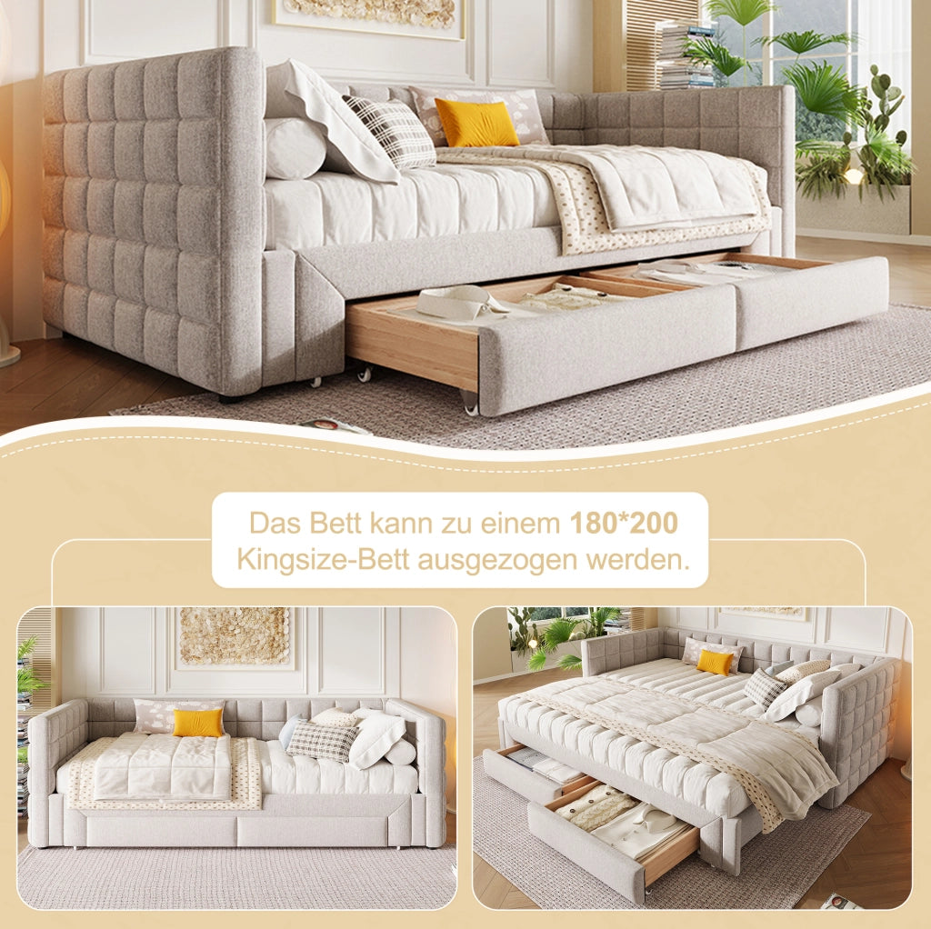 Divano letto estraibile in velluto con due cassetti, Beige
