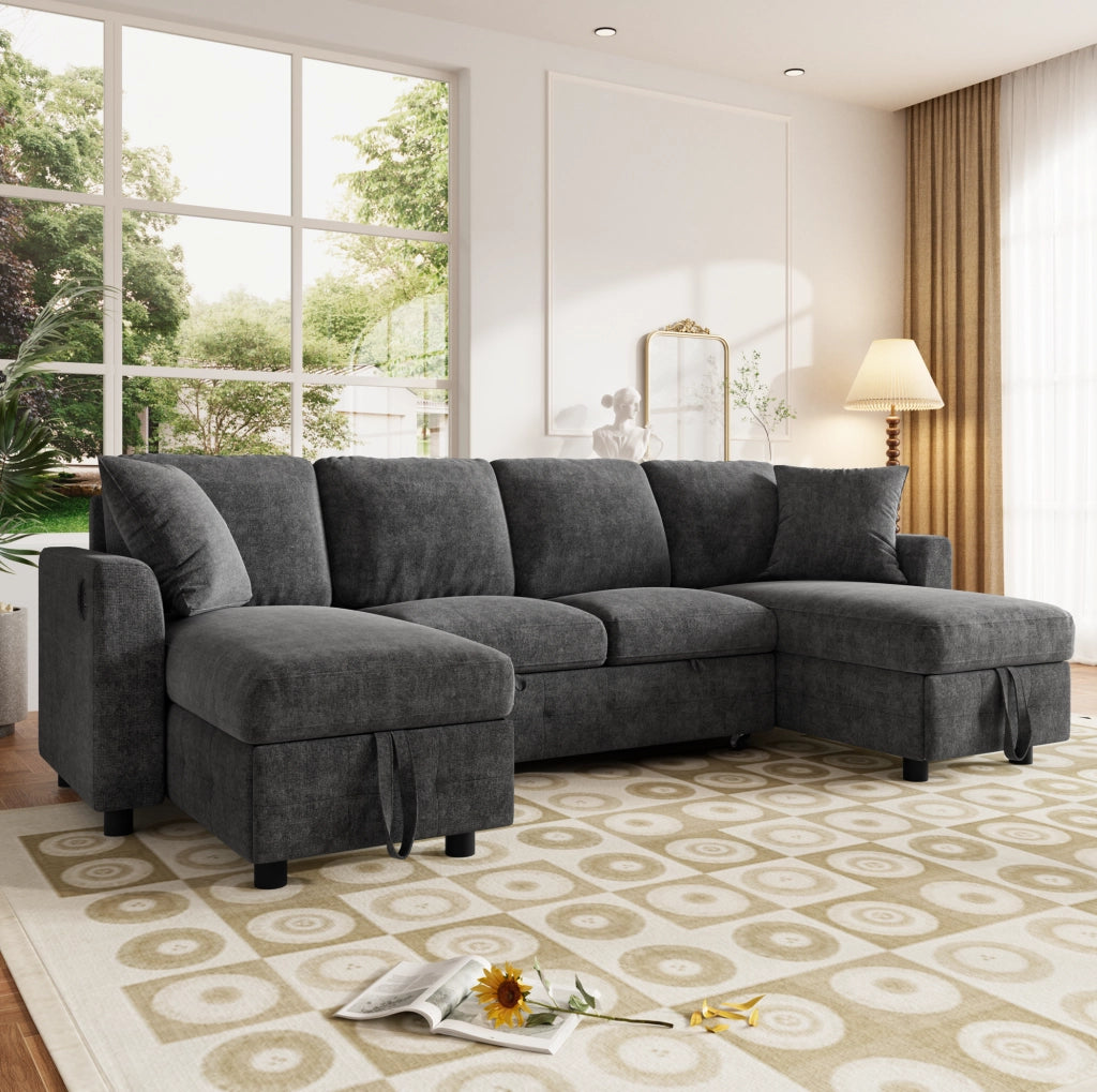 Divano letto modulare in chenille con contenitore e ricarica integrata