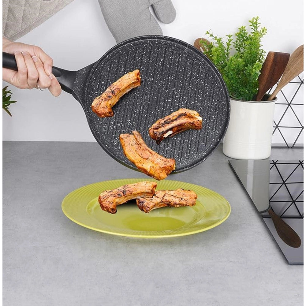 Trade Shop - Padella Antiaderente Piastra Griglia Tonda Per Carne Verdure Nera Accessori Cucina 624390 -