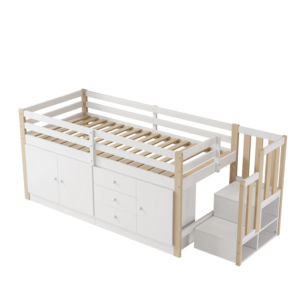 Letto a soppalco per bambini 90x200 cm con scale; 2 armadi; cassetti e asta appendiabiti; bianco
