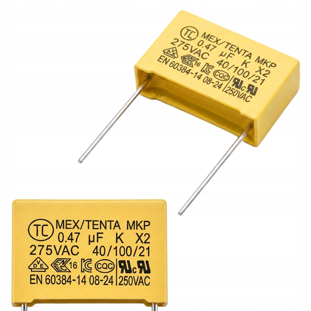 Condensatore MKP X2 0.47uF 275V AC – Polipropilene Metalizzato, Alta Affidabilità | Dimensioni Compatte 8x16x26 mm