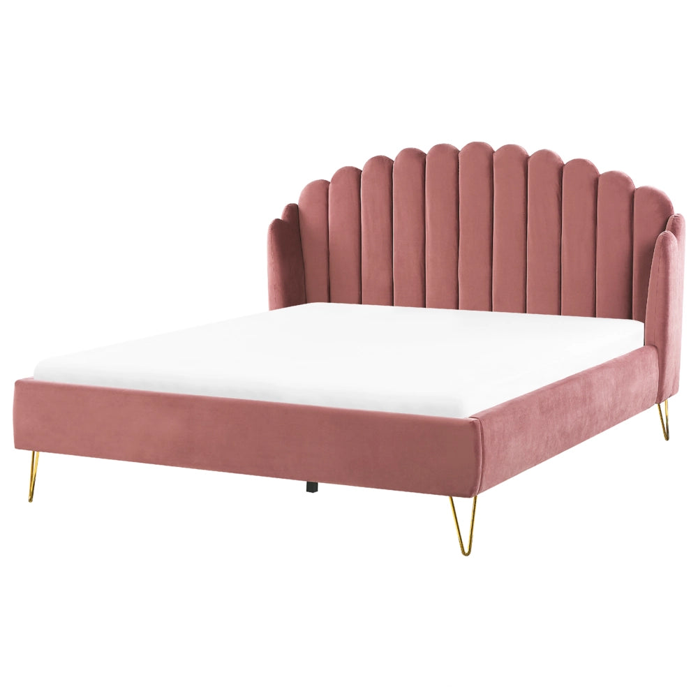 Letto con rete in velluto rosa 180 x 200 cm gambe in metallo testata retro capitonné