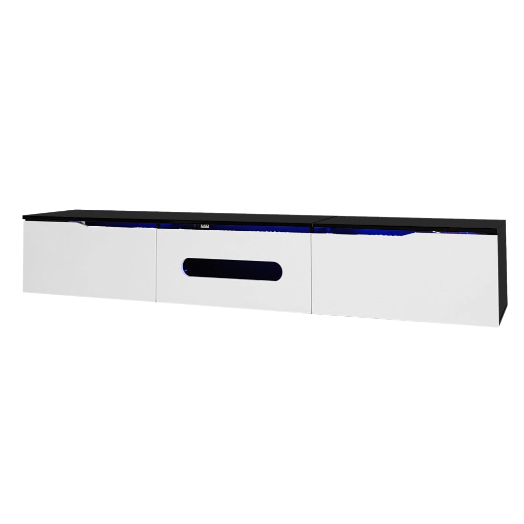 Mobile TV 180x35x30 cm; luci LED a 16 colori e ante ammortizzate; MDF e truciolare; nero bianco