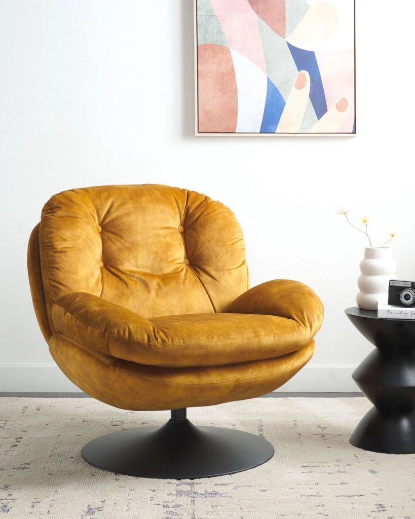 Poltrona girevole Velluto giallo Base singola con sedile imbottito Button Tufted