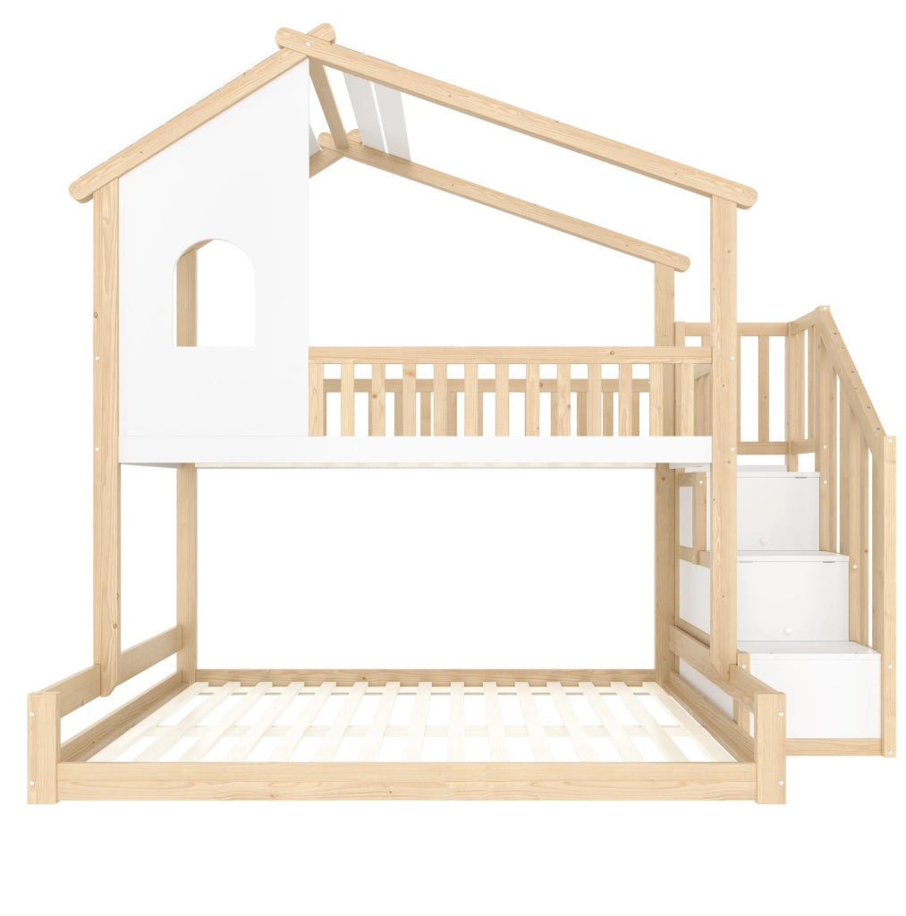 Letto a castello per bambini 90x200/140x200 cm con scala contenitore e sponde; naturale e bianco