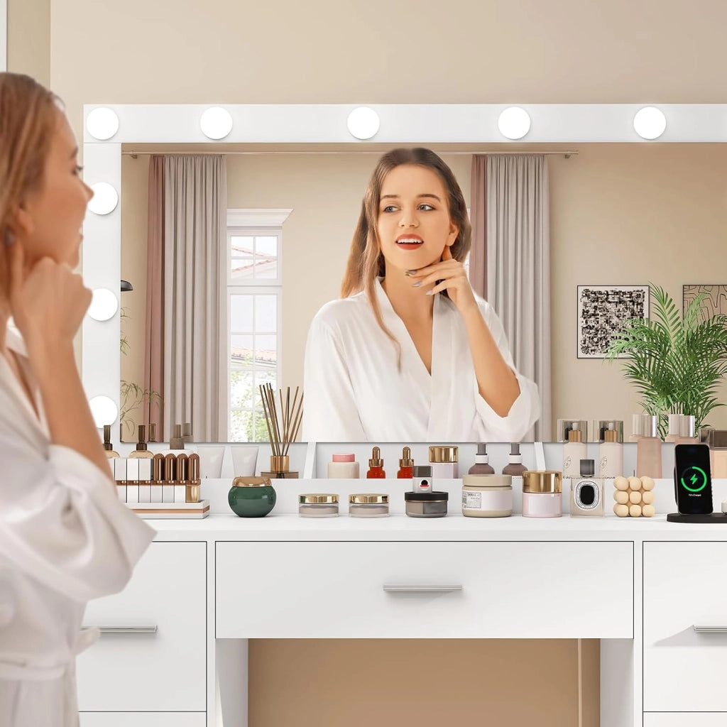 Toilette da trucco con luci, luminosità regolabile, specchio e spina, tavolo da toeletta con 7 cassetti, 3 ripiani, cassettiera moderna, camera da letto, bianco