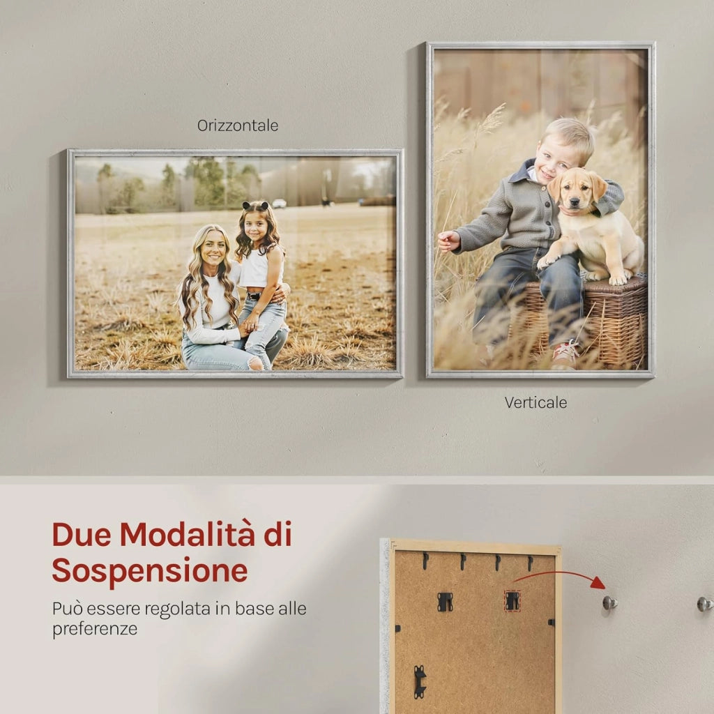 Set di 10 Cornici Foto 40x60 cm con Passepartout, Portafoto da Parete e Tavolo, Verticale o Orizzontale, in Legno Massiccio, Argento