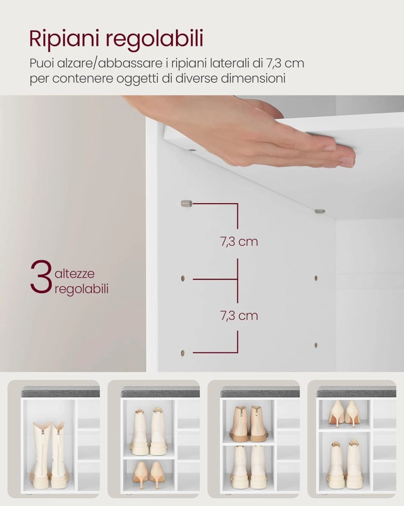 VASAGLE Panca Scarpiera, Scaffale Portascarpe a 10 Scomparti, Organizzatore Portaoggetti, con Sedile Imbottito, per Ingresso, 104 x 30 x 48 cm, Bianco LHS10WT