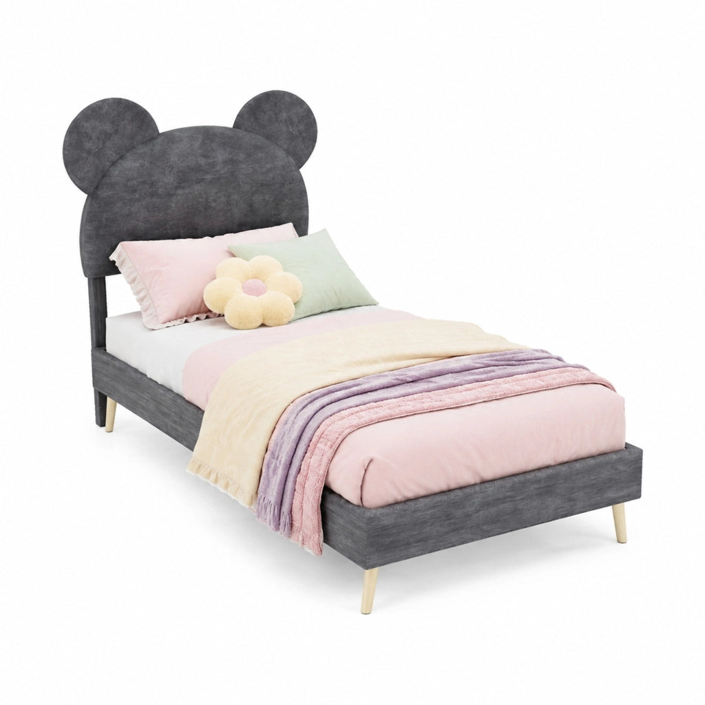 Letto imbottito singolo 90x200 cm con testiera decorativa e contenitore pneumatico; grigio