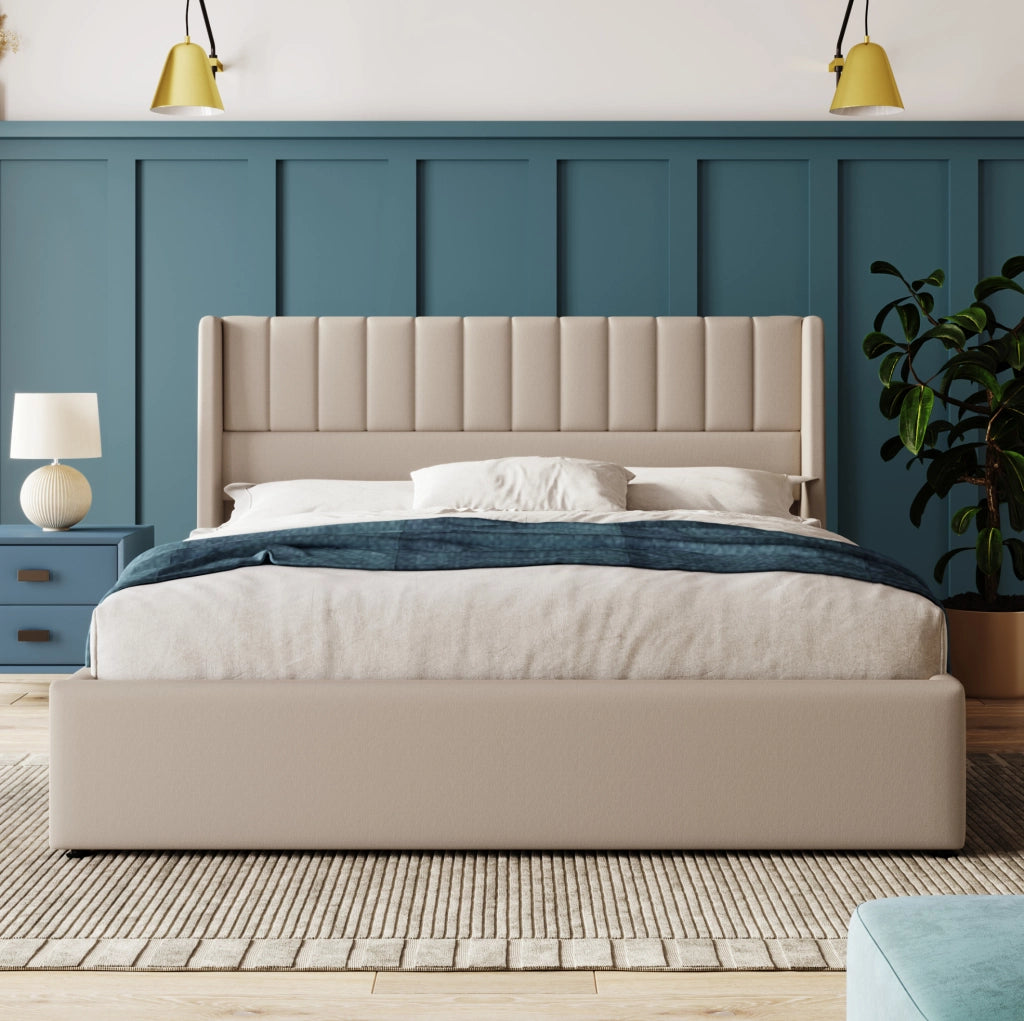 Letto contenitore idraulico 140x200 cm beige con materasso