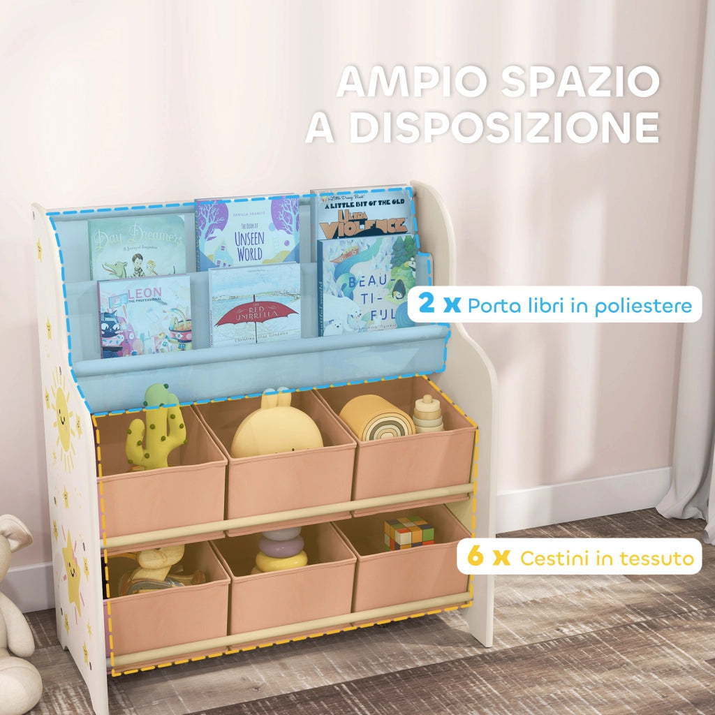 Scaffale Portagiochi per Bambini 63x30x71 cm con 6 Cassetti in Tessuto e Libreria a 2 Livelli in Legno e Acciaio Rosa