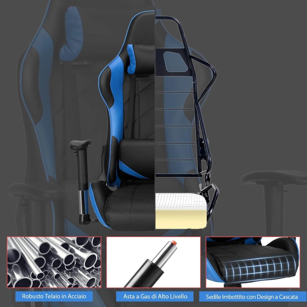 Sedia da Gaming Girevole a 360°, Sedia Ergonomica per Computer per Gaming con Poggiatesta e Cuscino Lombare, Angolo Reclinabile Regolabile (Blu)
