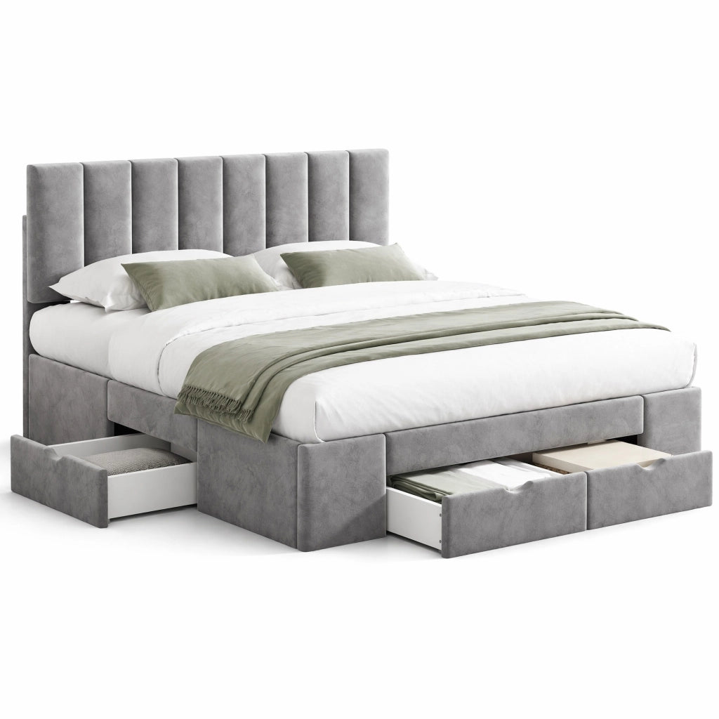 Letto imbottito 160x200 cm in velluto grigio con rete a doghe e 4 cassetti
