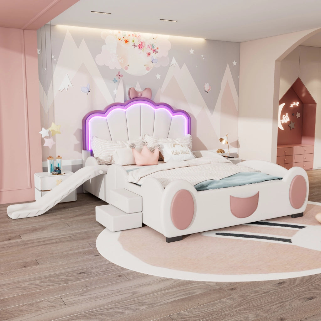 OKWISH Letto Bambini 140×200 cm, Letto Singolo con LED Multicolore, Scivolo e Scala, senza Materasso, in PU e MDF, Rosa e Bianco