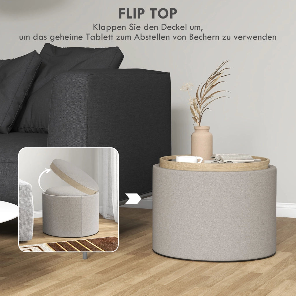 Pouf contenitore imbottito ¨C Xylo ¨C lino grigio chiaro e naturale 56x56x42cm