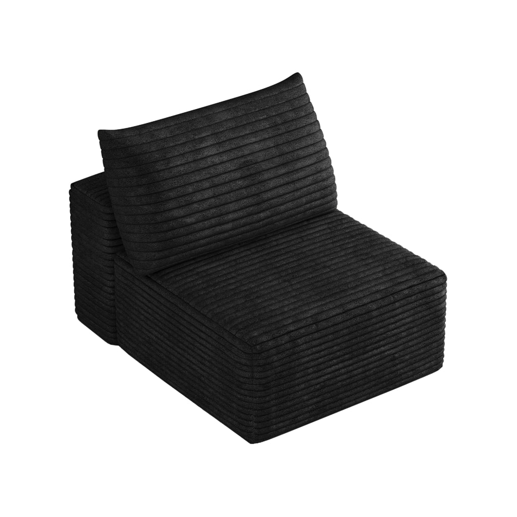Divano modulare con chaise longue in tessuto nero, stile compatto salvaspazio