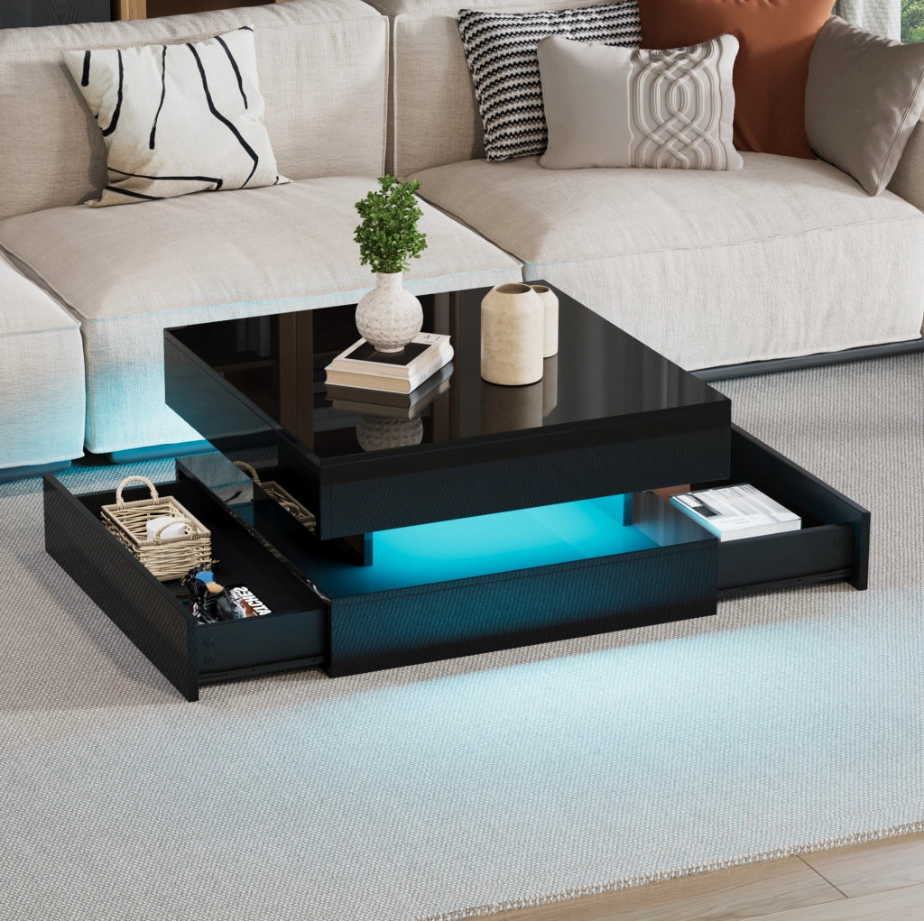 Tavolino da salotto quadrato sollevabile 65 x 65 x 38;5 cm in truciolare nero con LED e 2 cassetti