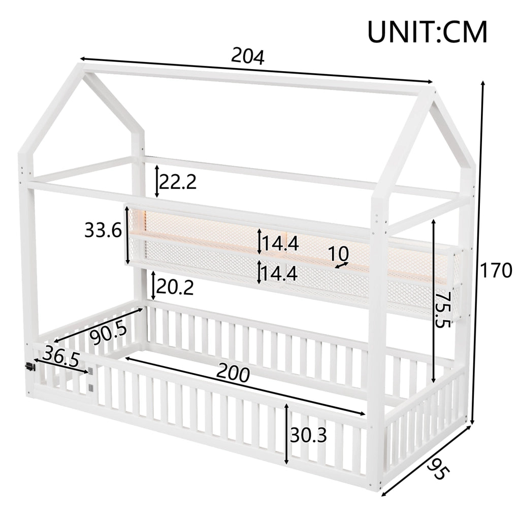 Letto per bambini a forma di casa 90x200 cm con recinto di sicurezza e LED; metallo bianco