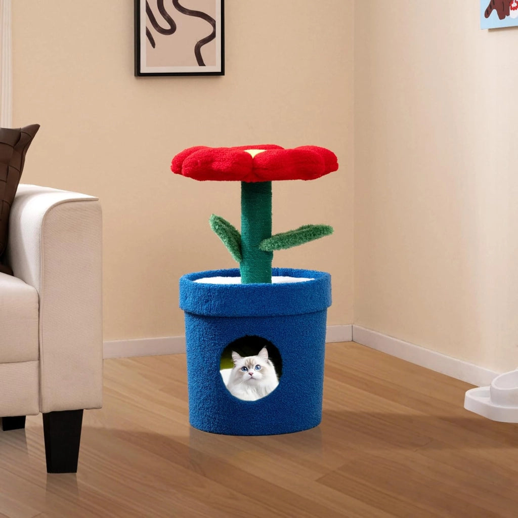 Albero per Gatti con Posatoio a Forma di Fiore, Condominio a Forma di Vaso, Tiragraffi a Forma di Stelo, Foglie Flessibili, Centro di Attività Versatile per Animali Domestici (Rosso)
