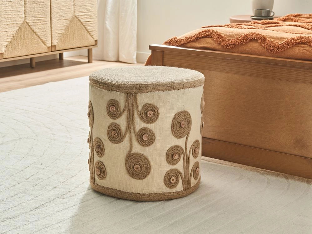 Pouf Bianco e Beige Juta imbottitura in EPS Ottomano Poggiapiedi Soggiorno Stile Boho