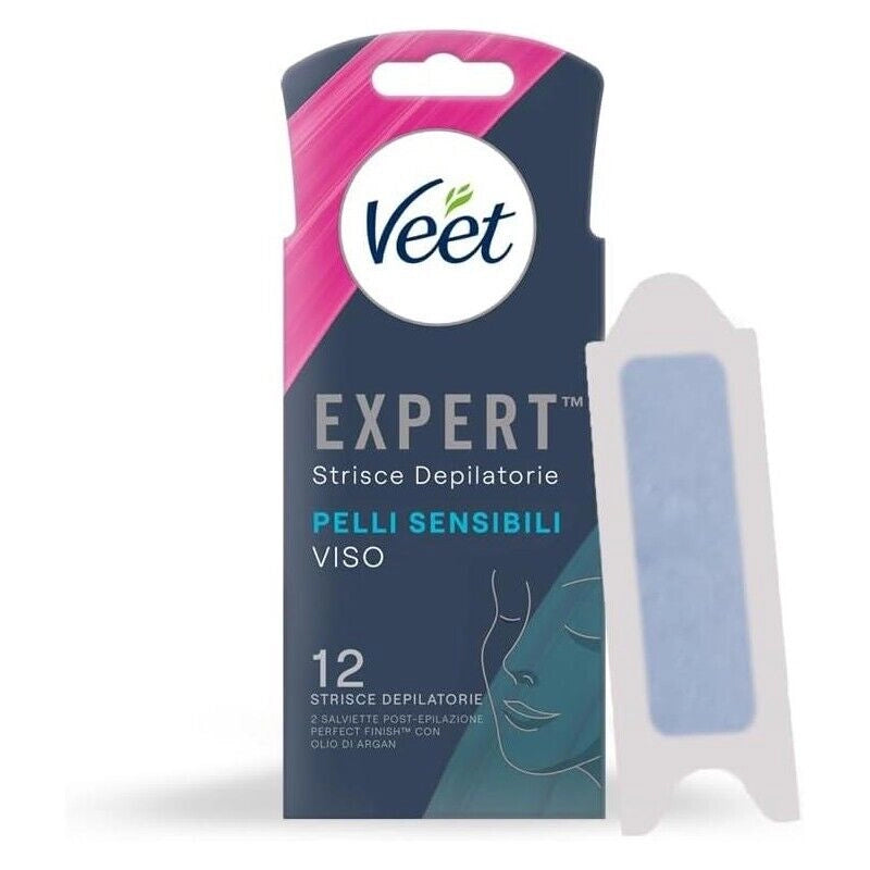 VEET EXPERT STRISCE DEPILATORIE VISO PER PELLI SENSIBILI 12 STRISCE (6X2 STRISCE) + 2 SALVIETTE POST-EPILAZIONE