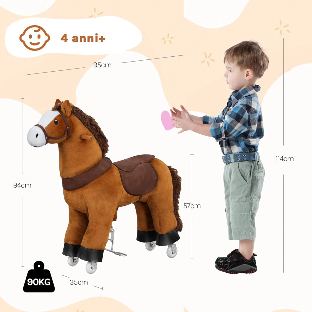 Cavallo a Dondolo su Ruote per Bambini, Cavalluccio Cavalcabile in Peluche con Suoni, per Interni ed Esterni, Giocattolo da 4 Anni, Struttura in Legno e Metallo, Marrone
