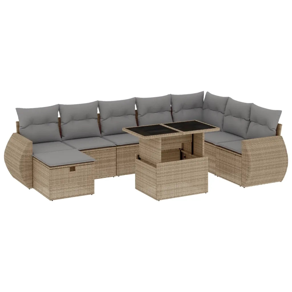 Set Divano da Giardino 9 pz con Cuscini Beige in Polyrattan