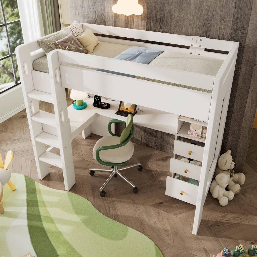 OKWISH Letto a Soppalco 90×200 cm, Letto Singolo con Scrivania ad L, 3 Mensole, 3 Cassetti, USB e Tipo C, senza Materasso, Legno, Bianco