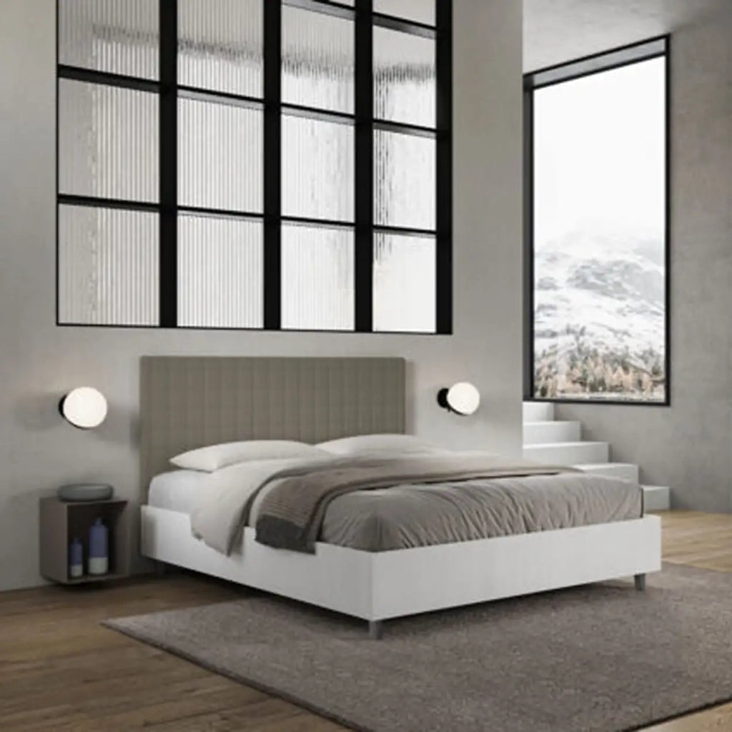 Letto matrimoniale contenitore 160x190 bianco frassino testata similpelle cappuccino Burmy