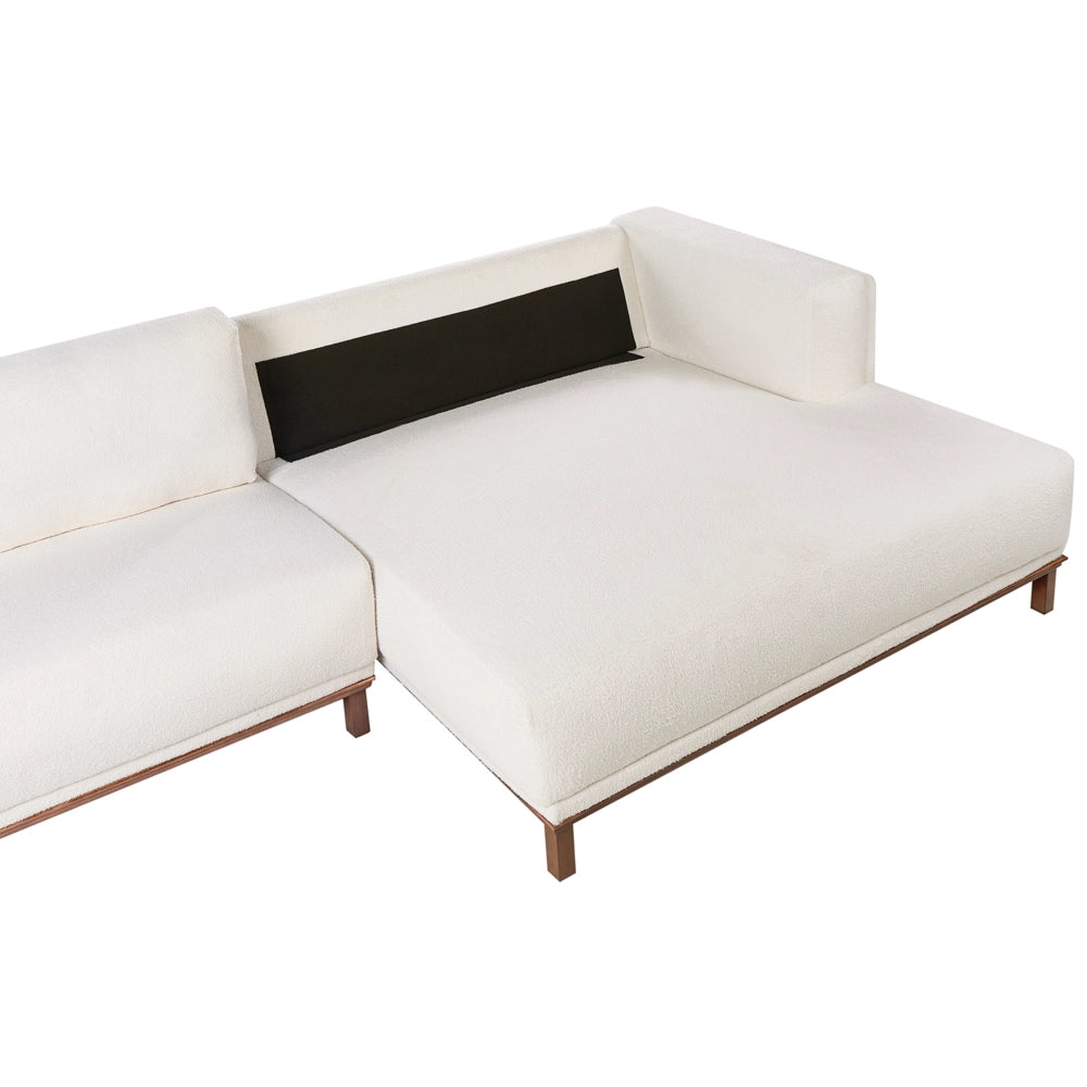 Divano angolare sinistro Tappezzato in tessuto poliestere bianco sporco Gambe in legno 4 posti Spesso imbottito Mobili da salotto in stile moderno