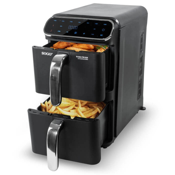 Friggitrice ad aria doppia 11L 1800W con 2 cestelli indipendenti 5,5L, display touch e temperatura fino a 230°C - Sogo
