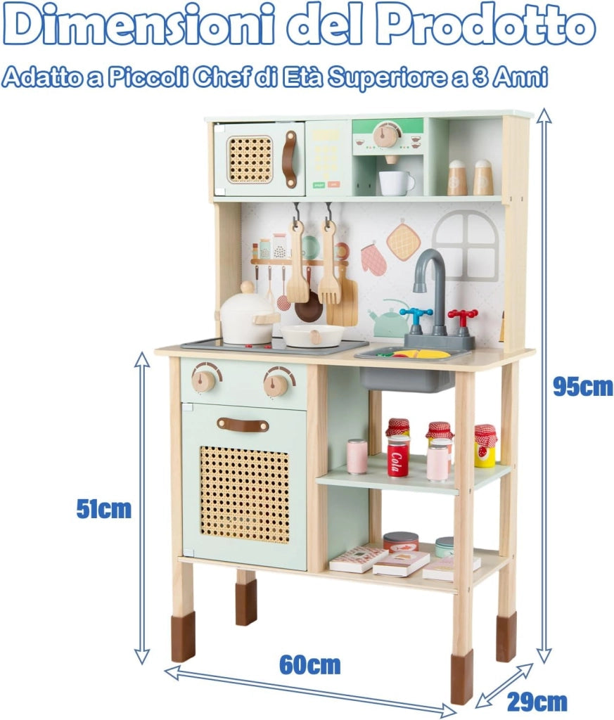 Cucina Giocattolo Bifacciale per Bambini, Cucina Educativa in Legno con Porte in Rattan, Lavagna sul Retro, Luci e Suoni, Accessori Completi, Gioco di Imitazione 3+ Anni, 60 x 29 x 95 cm