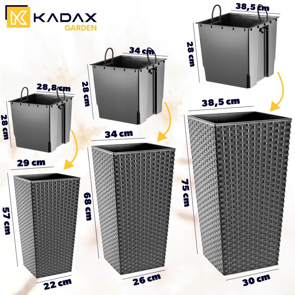 Set di 3 vasi da fiori KADAX, vasi da giardino + inserti, alti e grandi, grafite, 57+68+75 cm