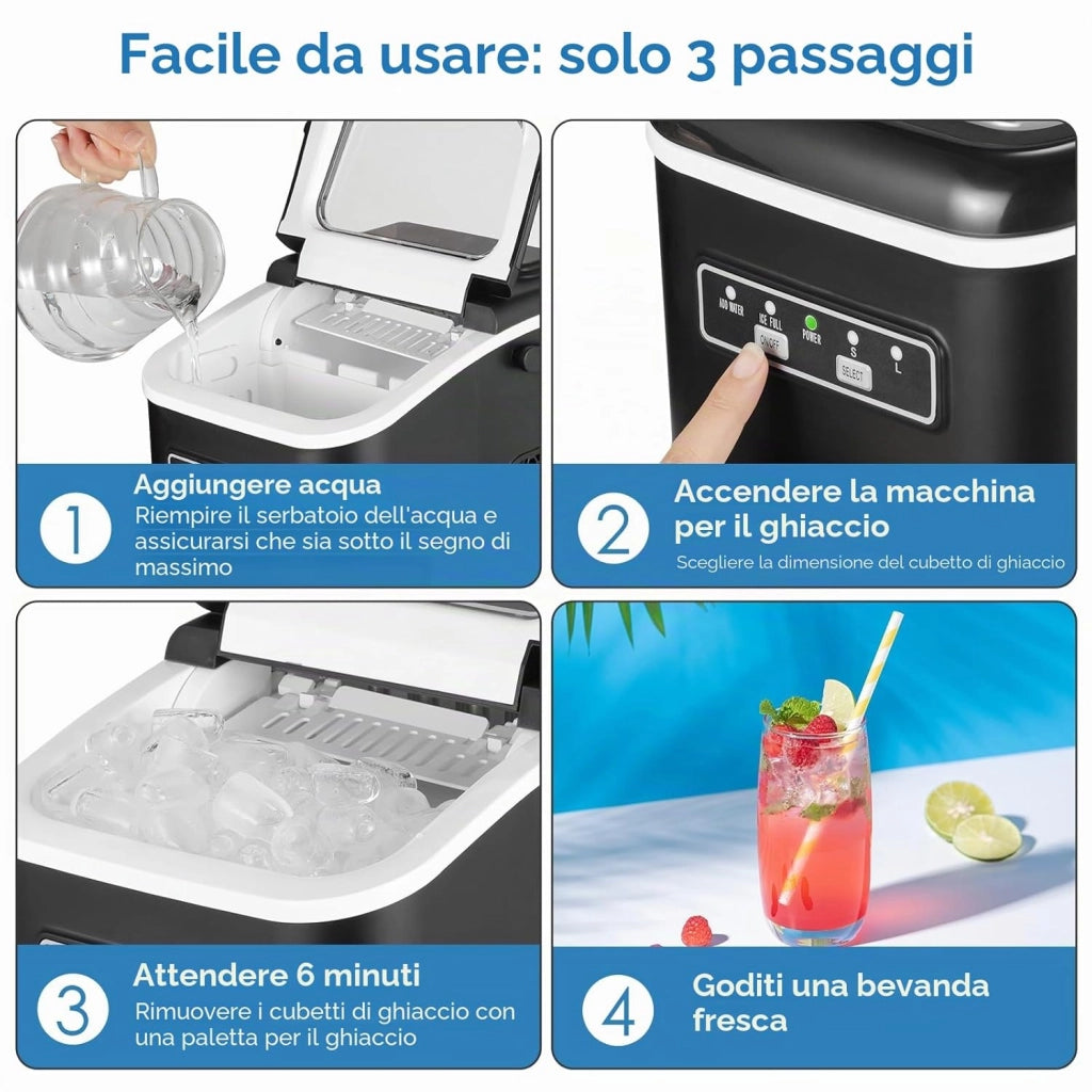 Macchina Ghiaccio, 12 kg/24h, 9 Cubetti di Ghiaccio in 6 Minuti, 2 Dimensioni di Ghiaccio, Silenzioso, Macchina del Ghiaccio Casa Autopulente con Maniglia/Cestello/Paletta, per Cucina/Ufficio/Bar