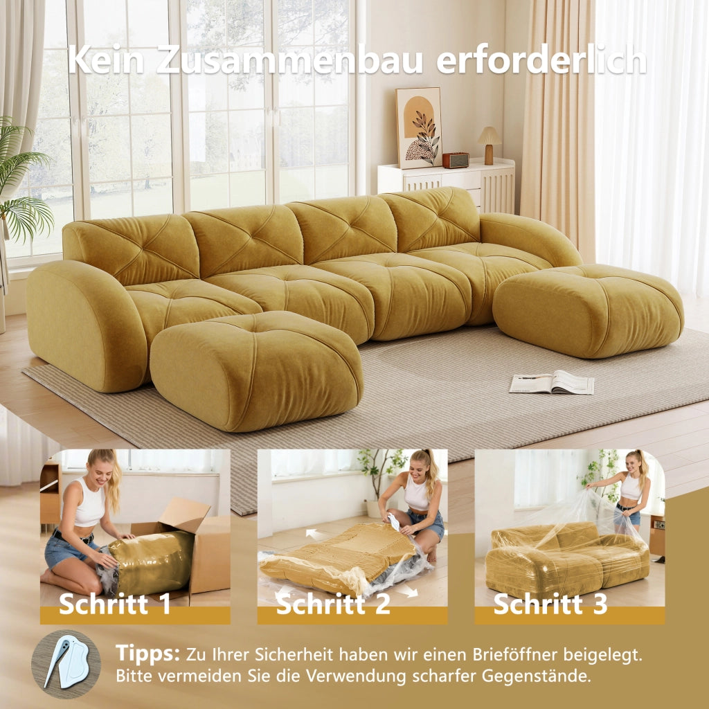 Divano modulare componibile a U 4 posti con 2 pouf in chenille senza struttura per soggiorno senza montaggio giallo