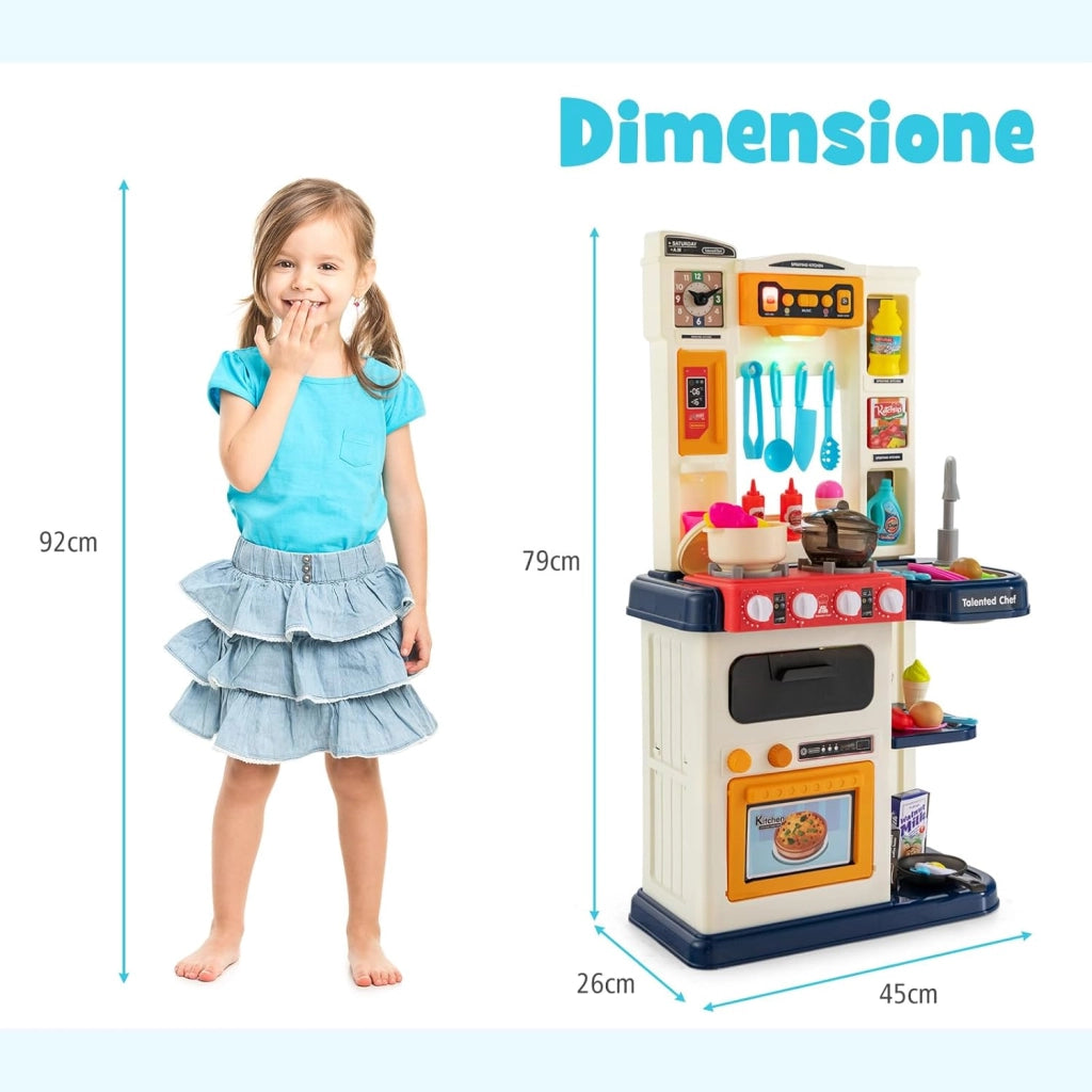 65 Pezzi Cucina Giocattolo per Bambini, Mini Cucina con Finto Vapore Cappa Aspirante, Rubinetto con Acqua Corrente, Canzoni, Luci e Suoni Realistici, 3 Anni+, 45 x 26 x 79 cm (Blu)