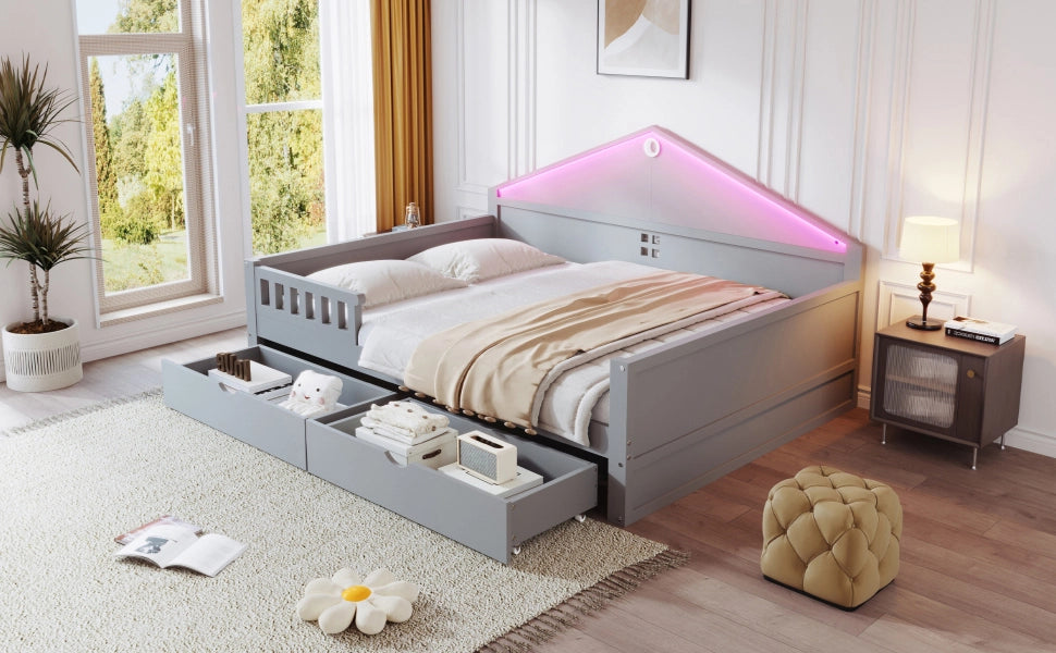 DESMIU Letto singolo 140 × 200 cm con LED, 2 cassetti, senza materasso, in legno massiccio e MDF, grigio