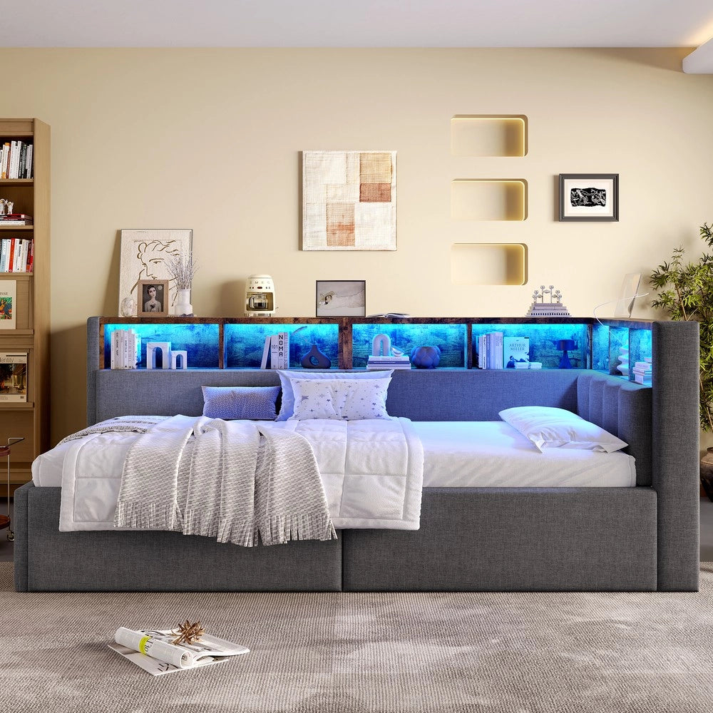 Letto Diurno con Contenitore e LED ¨C Xylo ¨C Tessuto Grigio 90x200 cm
