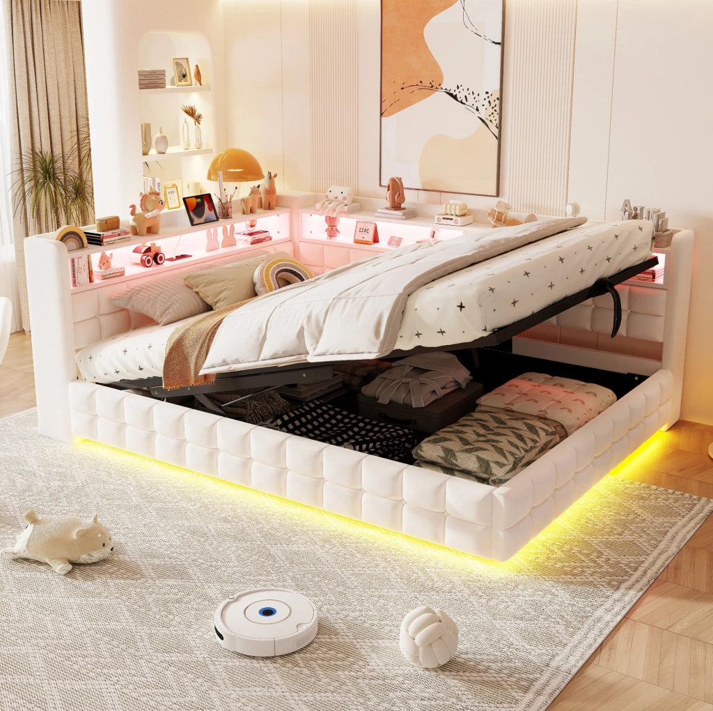 Letto imbottito trasformabile 140x200 cm in velluto beige con contenitore; LED e prese