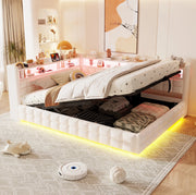 Letto imbottito trasformabile 140x200 cm in velluto beige con contenitore; LED e prese