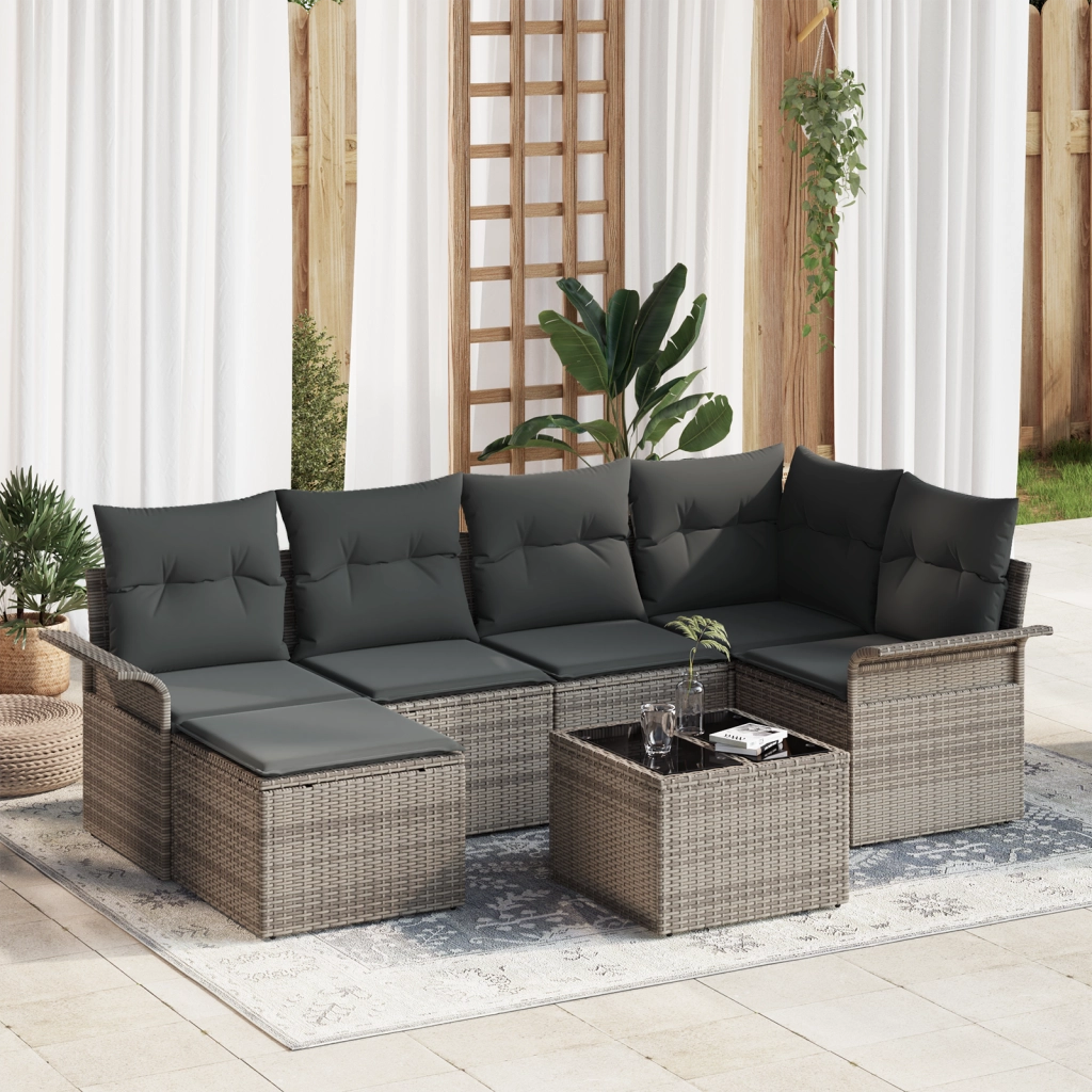 Set Divano da Giardino di 6 Pezzi con Cuscini Neri in Polyrattan
