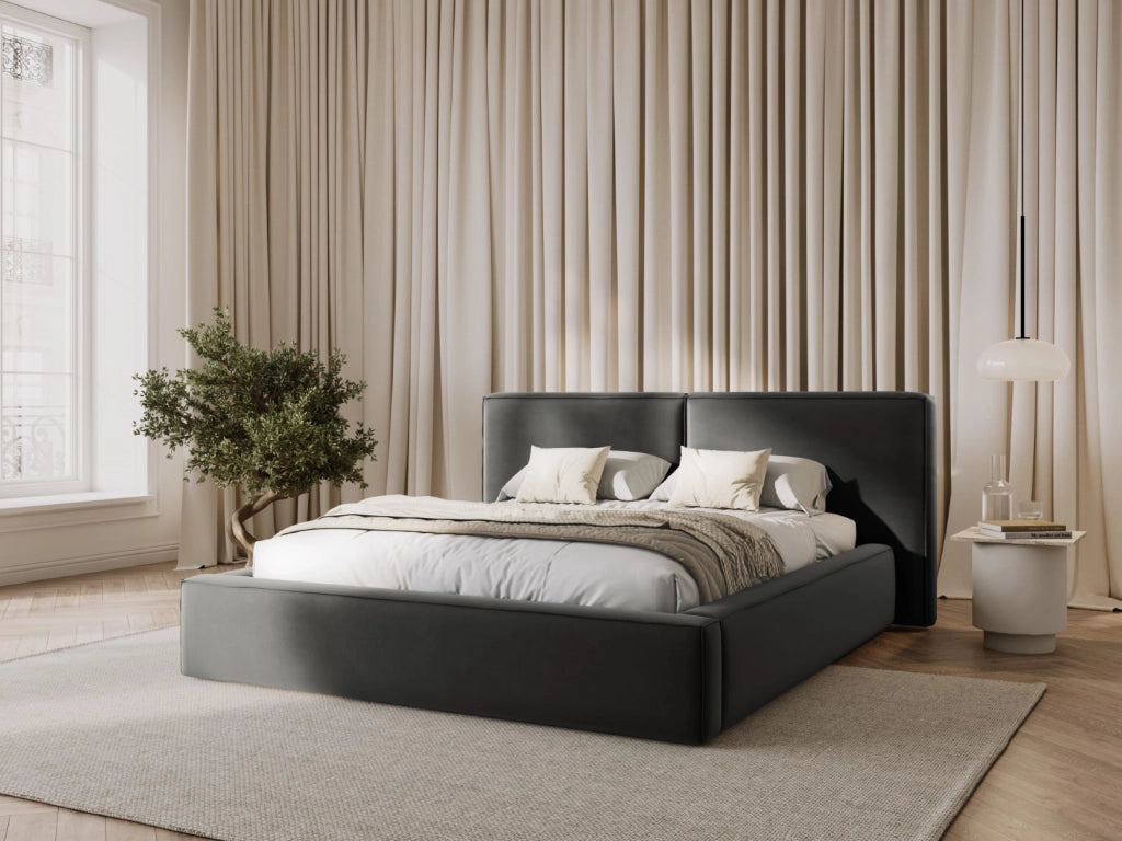 Cosmopolitan Design - Letto a cassettone con testiera doppia "Arendal" 160x200cm in velluto grigio chiaro 