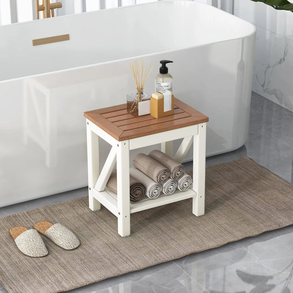 Sgabello da Doccia a 2 Livelli, Panca da Bagno Impermeabile con Piedini Antiscivoli, Design a Stecche, Sgabello Versatile con Carico 150 kg, 43 x 32 x 47 cm (Stile 2)