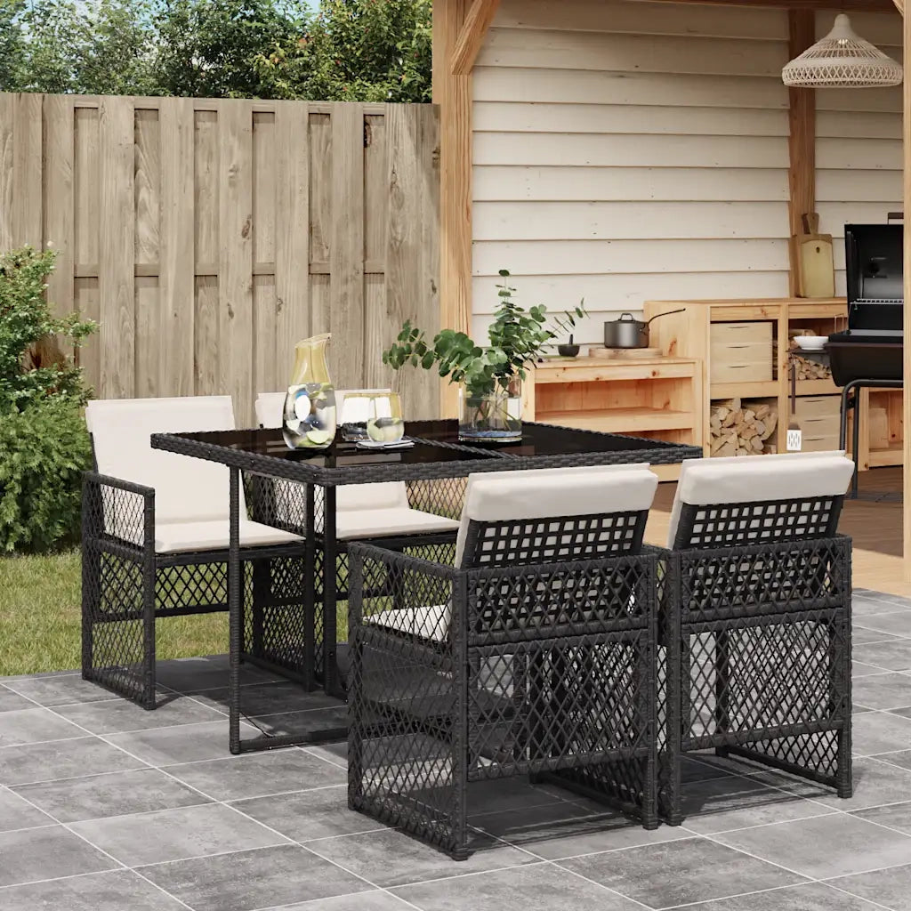 Set da Pranzo da Giardino 5 pz Nero con Cuscini in Polyrattan