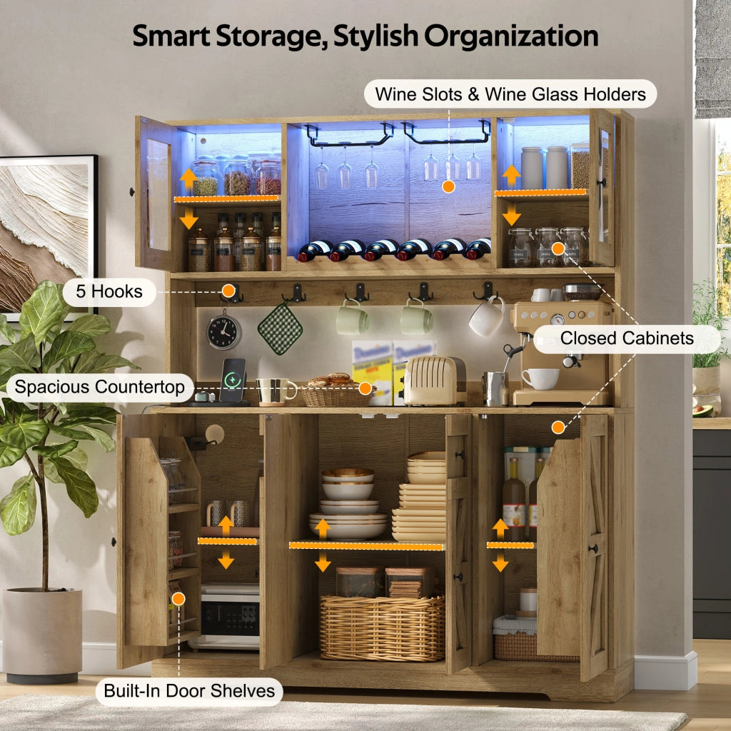 Credenza alta con ante stile fienile LED RGB prese portabottiglie e portabicchieri in MDF colore naturale